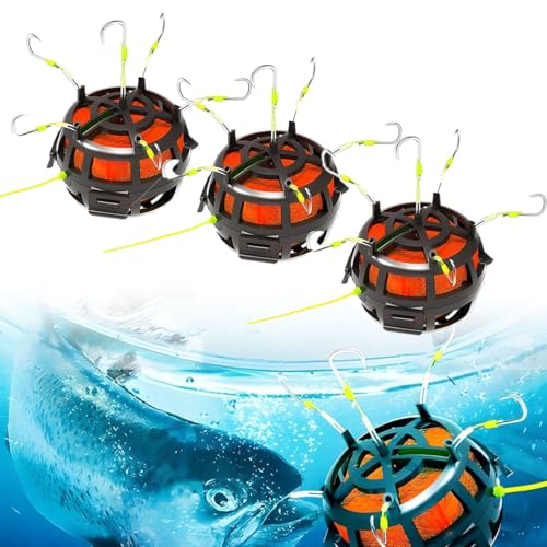 Reverse Bottom Bait Cage Fishing Hook, 360° Floating Bait Cage Fishing Hook, 6-Hooks Carp Feeder Rig, Spring Baits Cages Trap Fishings Hooks, Freshwater Saltwater for Carp, Catfish, Tilapia(3PCS,No. 1 - color: 3pcs, size: No. 11