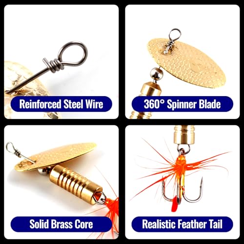 Trout Spinnerbait Lures Inline Rooster Tail Fishing Kit Brass Spinner Baits with Smooth Rotation Flash Blade for Bass Pike Crappie Saltwater Freshwater Lake River 360 Balance Hook - color: 1/8 oz