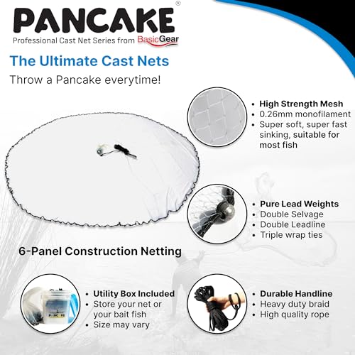 BasicGear Pancake Cast Net – Heavy-Duty 1.0+ lb/ft Weights, 4ft to 12ft Radius, Multiple Mesh Sizes, Pro Grade, Freshwater & Saltwater - size: 12ft Radius, style: 1.25 Lb, 1/4" Sq Mesh