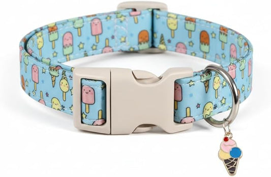 Cute Dog Collar, Girl Boy Dog Collar for Medium Dogs, Blue Collar with Ice Cream Print for Spring Summer, Adjustable Pet Collar Made of Soft Durable Fabric and Robust Buckle, M
