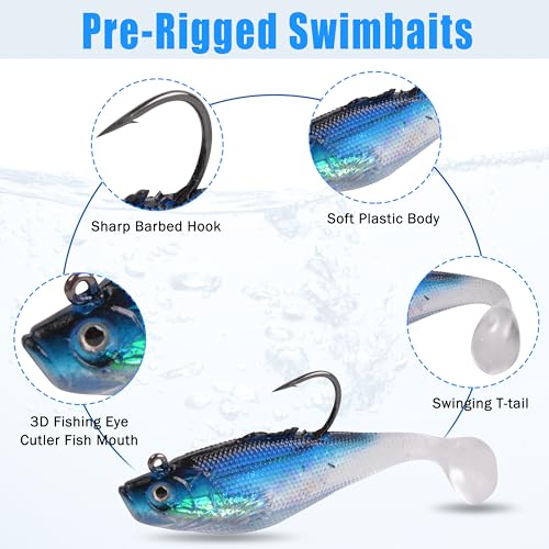 Pre-Rigged Swimbaits, 6/12pcs Paddle Tail Swim Baits Swim Shad Jig Head Fishing Lures Soft Plastic Swimbaits for Bass Trout Walleye Crappie - size: 3.93inch/0.96oz, style: 6pcs