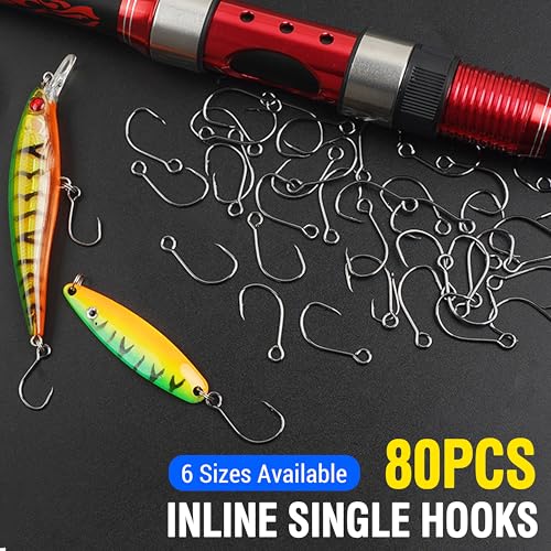 Inline Single Hooks, 80pcs Single Replacement Hooks for Hard Lure Baits Inline Circle Hooks Large Eye Fishing Lure Hooks for Treble Hook Replacement Saltwater Freshwater - size: 2/0-80pcs