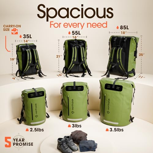 Earth Pak Waterproof Backpack - Heavy Duty Hiking Backpack - Roll-Top Closure Bag - Cushioned Dry Bag Waterproof Phone Case - color: Green, size: 55L