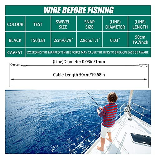 20PCS Fishing Leader Line,150LB High Strength Saltwater Fishing Stainless Steel Leaders with Swivel Snaps Connect Tackle Lure Rig and Hooks 19.7inch - color: Black - 20pcs
