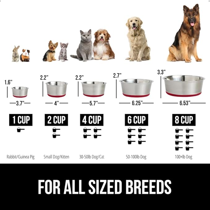 GORILLA GRIP Set of 2 Dog Bowls, Holds 6 Cups (48 fl oz), Heavy Duty Metal Food and Water Bowl for Feeding Dogs and Cats, Dishwasher Safe, Rust Resistant Stainless Steel, BPA Free Rubber Base, Red