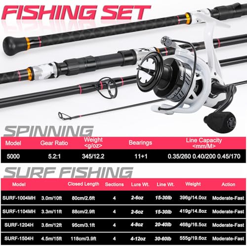 Sougayilang Surf Fishing Rod and Reel Combo, 4 Piece MH/H Saltwater Fishing Combo with 5000 Size Spinning Reel(12'/15') - color: blue, size: 11ft-Spinning-4Pc-Heavy