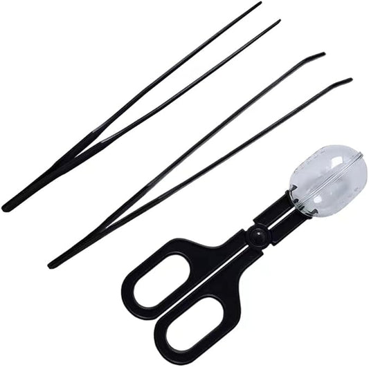 Tweezers and Scooper, Reptile Long Handle Feeding Tool, for Gecko, Lizard, Guinea Pig, Hamsters, Hedgehog, Rat, Snak, Bird and Other Small Animals -10.5" Black 2Pcs+Scooper