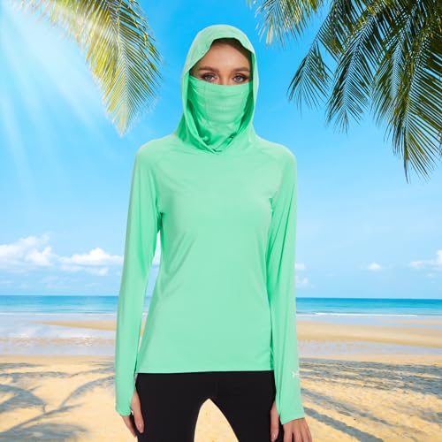 BASSDASH Women’s UPF 50+ Hoodie Shirt with Breathable Face Mask - color: Mint, size: X-Large