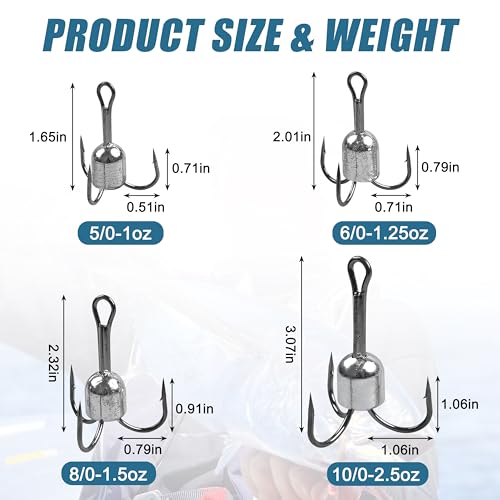 Snagging Hooks Snagging Weighted Treble Hooks 5pcs Large Weighted Fishing Hooks for Baitfish Tuna Swordfish Trout Salmon Fishing 4 Sizes 1oz 1.25oz 1.5oz 2.5oz - size: 6/0-1.25oz-5pcs