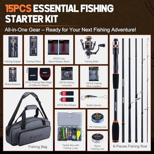 Goture Fishing Rod & Reel Combo-4/6 Piece Fishing Rod Set,Travel Fish Rod | Ultralight Spinning Rod Set w/Fishing Reel, Fishing Tackle Bag, Braided Line, Lures & Hooks Kit - color: Xceed 6 Pieces Rod w/ Soft Fishing Bag, size: 8FT