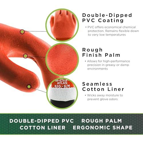 SHOWA Atlas 620 Double-Dipped PVC Chemical Resistant Gloves, Rough Finish Grip, Seamless Cotton Liner - size: Large, style: Vending 12-pack