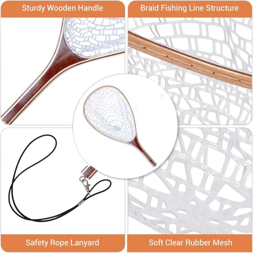 Wooden Frame Fly Fishing Landing Net, Soft Knotless Rubber Mesh, Fish-Friendly for Catch and Release, Freshwater Saltwater, Trout Fishing, Great Gift