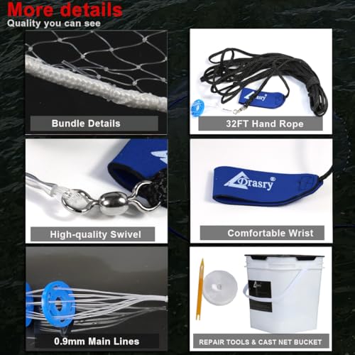 Drasry Saltwater Fishing Cast Net 3/8 and 1/4 Mesh with Heavy Duty Gray Sinker American Monofilament Fish Throw Net for Bait Trap 3FT 4FT 5FT 6FT 7FT 8FT 9FT Radius - size: 8FT Radius, style: 3/8 Mesh 0.6 Lb/Ft