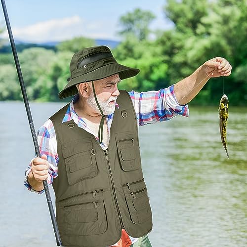 Janmercy 2 Pieces Men's Work Fishing Vest with Hat Lightweight Safari Travel Hunting Waistcoat With Multi Pockets Fishing Hat - color: Army Green, size: XX-Large
