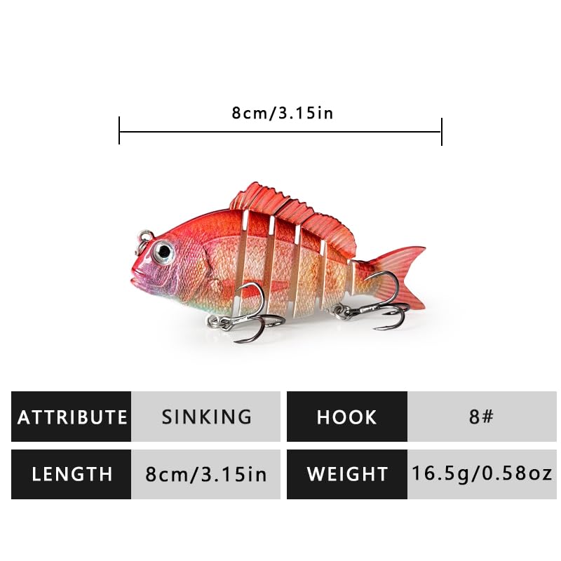 3pcs Multi-Jointed Panfish Bluegill Swimbait Hard Sinking Bass Fishing Lure with Sharp Treble Hooks, Lifelike Fishing Lures for Bass Trout Walleye Crappie, Amazing Swimbaits Gift - color: 02-3.15inches