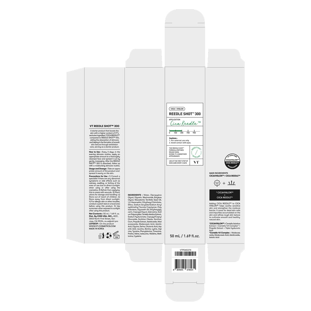 VT COSMETICS CICA Reedle Shot 300, Advanced Night Exosome, Microneedling Serum, Centella Asiatica, Hyaluronic Acid, Propolis, Soft Skin, Regeneration, Glass Skin, Korean Skin Booster 1.69Fl Oz (50ml)