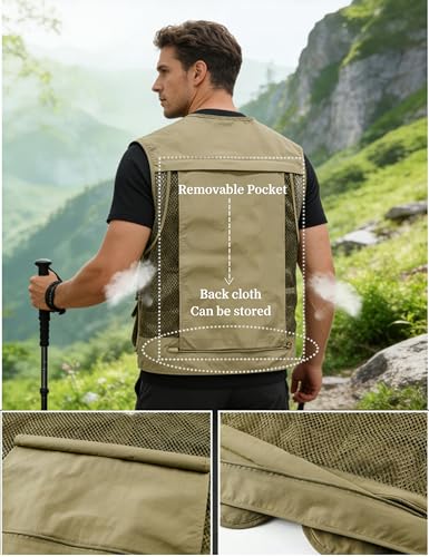 Men's Lightweight Mesh Fishing Vest Utility Outdoor Multi-Pocket Hunting Cargo Vest - color: Khaki, size: XX-Large