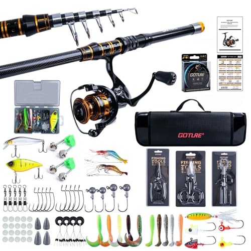 Goture Fishing Rod and Reel Combos,1.8M-2.7M Telescopic Fishing Pole Spinning Reel Line Lures Set with Carrier Bag,Telescopic Rod Kit for Starter Travel Saltwater Freshwater Gear Gift - color: B2:Fishing Pole Kit with Carrier Bag, size: 7 ft/2.1 m