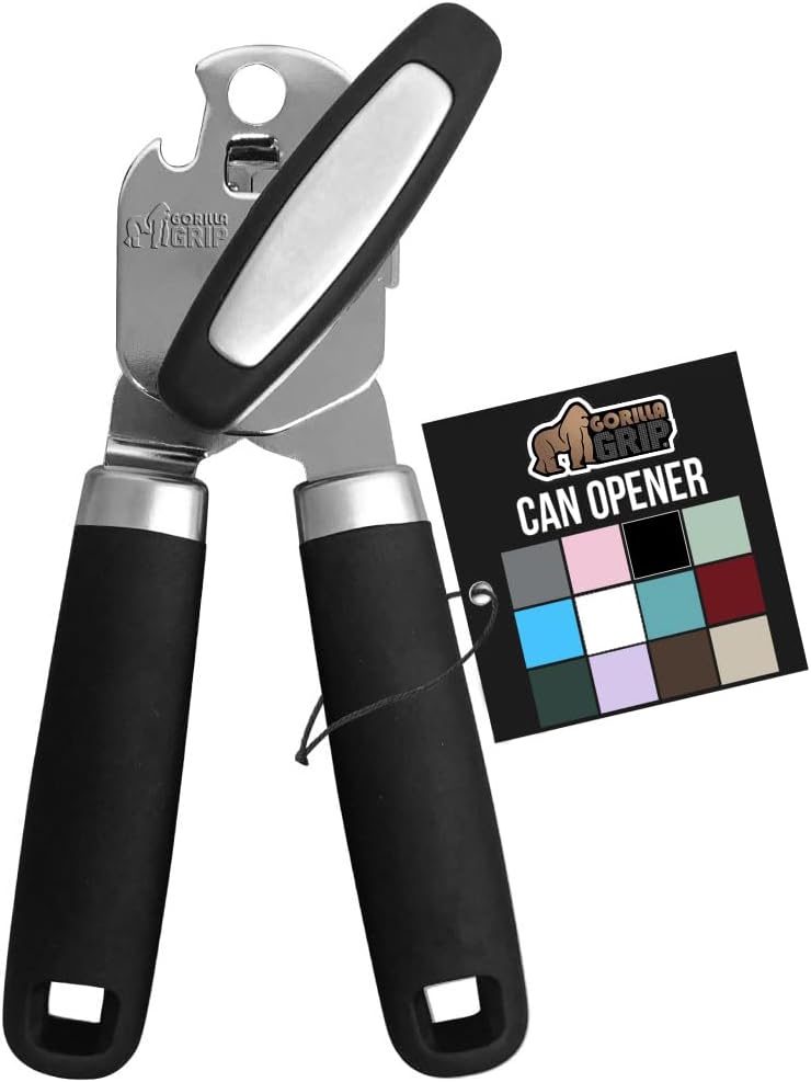 GORILLA GRIP Heavy Duty Stainless Steel Smooth Edge Manual Can Opener, Soft Comfortable Handle, Large Handheld Turn Knob, Built-In Bottle Openers, US Designed, Holiday Prep Kitchen Essential, Black