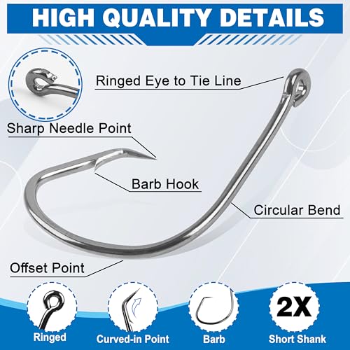 Circle Hooks Saltwater,100pcs Catfish Hooks Offset Circle Octopus Fishing Hooks High Carbon Steel 2X Strong Barbed Fishhooks for Bass Trout Freshwater Saltwater - size: 100pcs-7/0