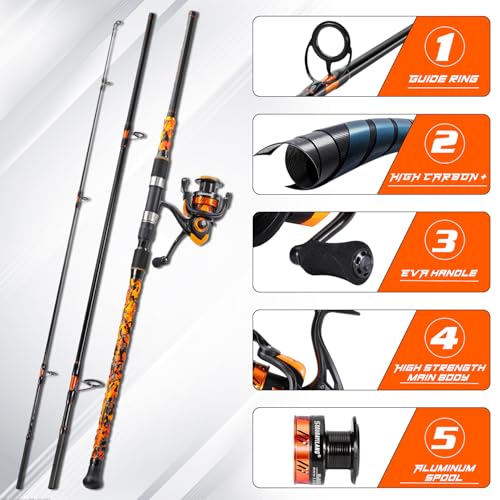 Sougayilang 3 Piece Surf Fishing Rod Combo Medium/Heavy Travel Spinning Rod with 4000/5000 Size Reel Baitfeeder Combo(9'/10'/11'12') - color: orange, size: 9ft-Spinning-3Pc-M