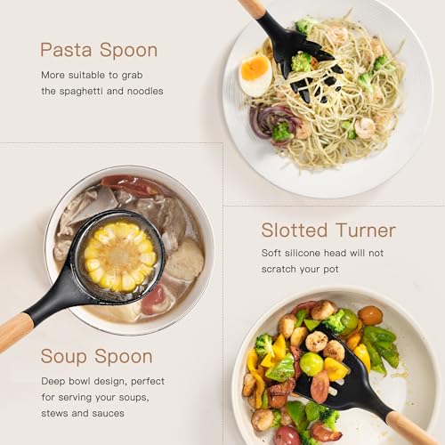 Astercook 39 PCS Kitchen Utensils Set, Silicone Cooking Utensils Set with Wooden Handle, 446°F Heat Resistant Food Grade Utensil Sets, BPA Free Kitchen Gadgets Tools Set for Nonstick Cookware (Black)