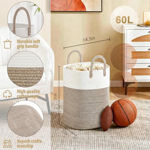 Laundry Basket,Woven Cotton Rope Laundry Hamper,Versatile Storage for Dirty Clothes,Baby Toys,and Blankets in Bathroom, Nursery,and Living Room (Brown, 60L)