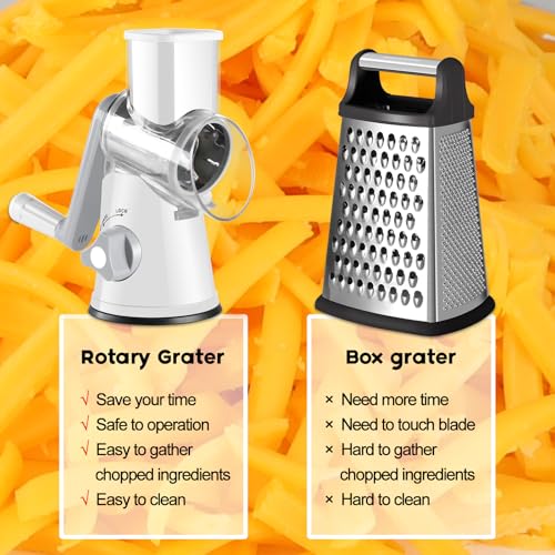 Ourokhome Rotary Cheese Grater Hand Crank, Kitchen Shredder Speed Mandolin Slicer Nuts Grinder with Handle and Drum Blades for Cheese, Vegetable, Walnuts, Chocolate, Potato, Carrot, 3 Blades, White