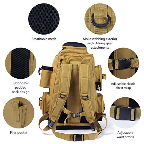 BASSDASH Fishing Tackle Backpack Water Resistant Tactical Bag Soft Tackle Box with Rod Holder and Protective Rain Cover - color: British Khaki Backpack [3670] With 4 Trays
