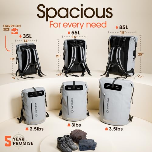 Earth Pak Waterproof Backpack - Heavy Duty Hiking Backpack - Roll-Top Closure Bag - Cushioned Dry Bag Waterproof Phone Case - color: Grey, size: 35L