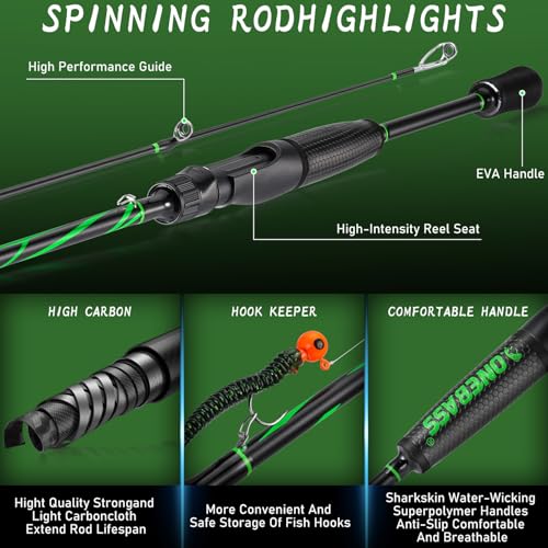 One Bass Fishing Rod Reel Combos, Spinning & Casting Combo, Graphite 2Pc Blanks, Stainless-Steel Guides, Super Polymer Handle - color: Spinning Combo-1 PACK, size: 6'0"