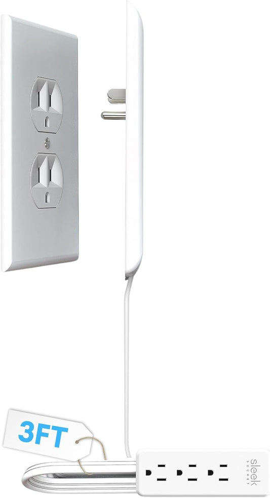 Sleek Socket Original & Patented Flat Ultra-Thin Outlet Concealer with Extension Cord Kit, Multi Outlets Power Strip, Ideal for Home Improvement, Hide Bulky and Messy Cords, 3ft