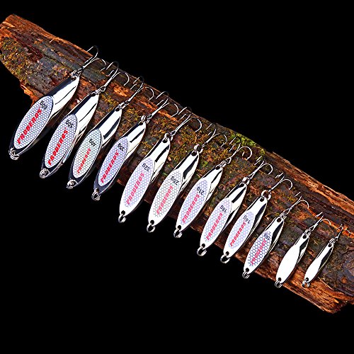 PROBEROS Fishing Spoons Lures Bass Baits Jigging Bait Tackle with Treble Hooks Hard Metal Spoon Fishing Lure Weight Pick 10 Pcs/Pack Silver Gold - color: 10PCS Silver, size: 32G-1.15OZ