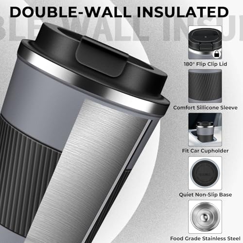 Insulated Coffee Tumbler 12 oz, Stainless Steel Coffee Mug with Lids, Travel Coffee Mug Leak Proof, Double Wall Vacuum Insulated Reusable Coffee Cup, Keep Drinks Hot and Cold (Gray, 12 Ounces)