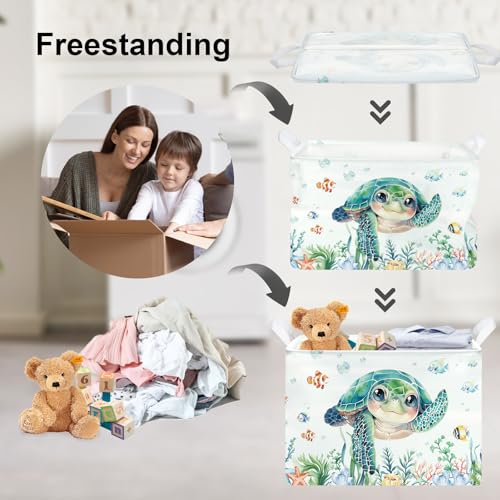Clastyle Large Fish Sea Turtle Baby Basket Ocean Coral Seaweed Starfish Toy Book Shelf Basket Waterproof Pool Toy Beach Towel Storage Bin Collapsible Dirty Clothes Hamper, Blue, 40 * 30 * 30 cm - size: 40*30*30 cm