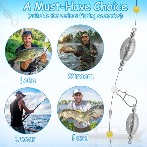 15Pcs Fishing Weights Sinkers Inline Trolling Sinkers with Inner Swivels | Egg Sinkers Oval Drop Shot Weights Lead for Saltwater Freshwater Fishing - size: 1oz-15Pcs
