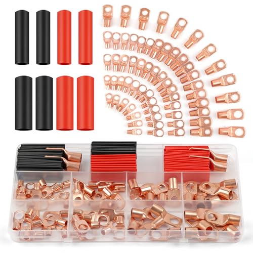 PEASUG Copper Wire Lugs 130Pcs, AWG 2 4 6 8 10 12 Gauge Battery Cable Ends with 66Pcs Heat Shrink Tubing Set, 64Pcs Ring Terminals Connectors Assortment Kit for Marine, Automotive, Cables, Appliances