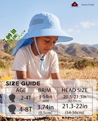 Home Prefer UPF50 Wide Brim Kids Sun Hat Neck Flap Boys Girls Sun Protection Hat for Beach Fishing - color: Light Blue, size: 2-4T