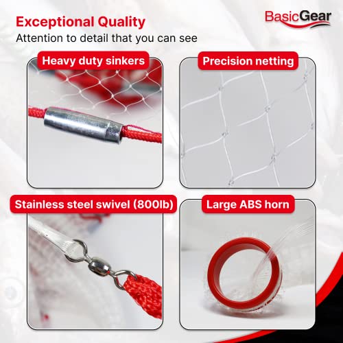 BasicGear Cast Net | 3ft-12ft Radius, 3/8 or 1/4 inch Mesh for Freshwater and Saltwater Bait Fish| Professional Grade and Upgraded Material | Throw Style - size: 4ft Radius, style: Zinc Iron, 1/4" Mesh