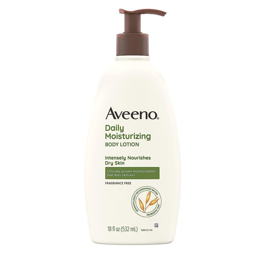 Aveeno Daily Moisturizing Body Lotion, Body Lotion for Dry Skin with Prebiotic Oat, Paraben Free, Fragrance Free, Non-Greasy, Non-Comedogenic Moisturizer, 18 FL OZ