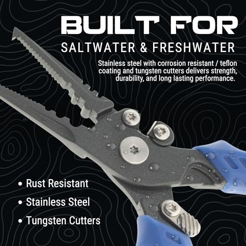 Reaction Tackle Fishing Pliers, Stainless Steel Saltwater Pliers with Braid Cutter, Hook Remover and Crimper, PTFE Coated Coated with Sheath and Lanyard - size: 7" Split Ring