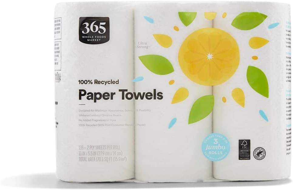 365 by Whole Foods Market, 100% Recycled Jumbo Paper Towels, Ultra-Strong, 135 Sheets per Roll, 3 Count