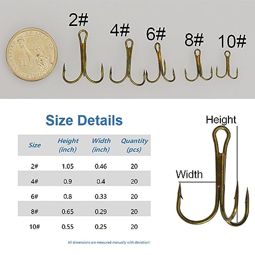 20pc/Box Fishing Treble Hooks Set High Carbon Steel Fishing Hooks Classic Round Bend Hook 2# 4# 6# 8# 10# - color: Tea, size: 2#-20pcs