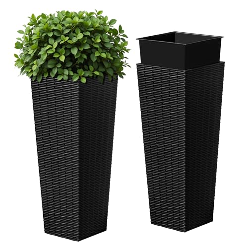 Devoko Resin Tall Planters for Outdoor Plants Set of 2, Large Taper Outdoor Planter Pots with 4 Drainage Holes, Flower Pots Modern Decor for Porch, Patio, Backyard, Home Garden (Black, 24")