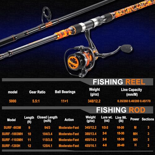 Sougayilang 3 Piece Surf Fishing Rod Combo Medium/Heavy Travel Spinning Rod with 4000/5000 Size Reel Baitfeeder Combo(9'/10'/11'12') - color: orange, size: 9ft-Spinning-3Pc-M