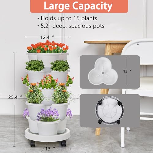 VECELO 5 Tier Vertical Garden Planter, Self Watering Stackable Planters with Wheels for Strawberries, Herbs, Flowers, Vegetables, White