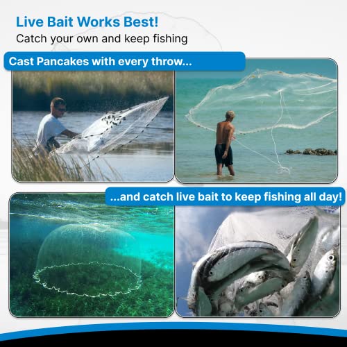 BasicGear Pancake Cast Net – Heavy-Duty 1.0+ lb/ft Weights, 4ft to 12ft Radius, Multiple Mesh Sizes, Pro Grade, Freshwater & Saltwater - size: 10ft Radius, style: 1.25 Lb, 1/4" Sq Mesh