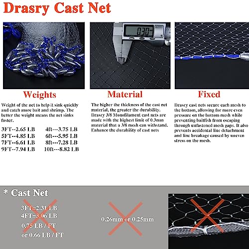 Drasry Saltwater Fishing Cast Net for Bait 3/8 1/4 or 1/2 with Heavy Sinkers Fish Trap Throw Net. Size 3ft/4ft/5ft/6ft/7ft/8ft/9ft/10ft Radius Freshwater Nets - size: 6FT (180cm) Radius, style: Lead Sinkers-3/8mesh-0.3mm Mono