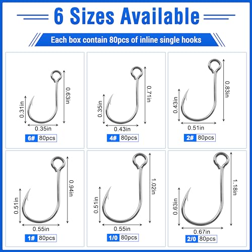 Inline Single Hooks, 80pcs Single Replacement Hooks for Hard Lure Baits Inline Circle Hooks Large Eye Fishing Lure Hooks for Treble Hook Replacement Saltwater Freshwater - size: 4#-80pcs