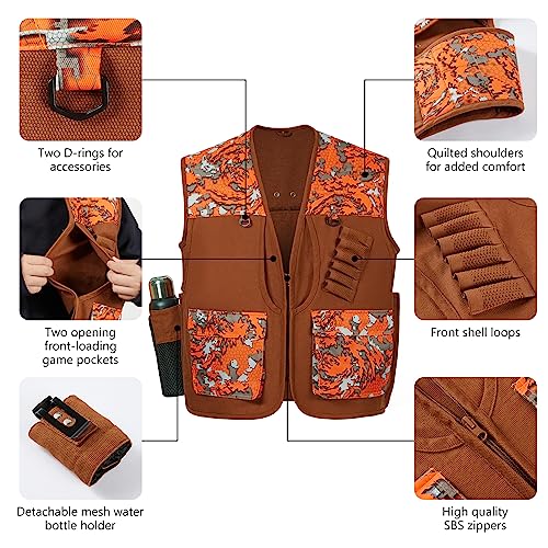 BASSDASH Upland Game Field Water-Resistant Bird Hunting Vest with Multi Pockets Men Women FV11 - color: Brown/Flame Camo, size: X-Large